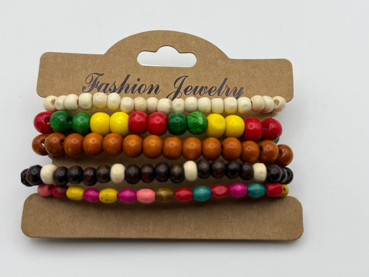 Bracelets - Wooden - Boho Wooden Beads - Assorted 5pc Carded #106124