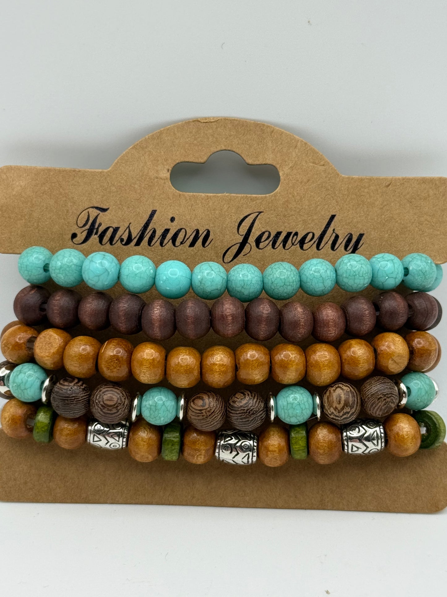 Bracelets - Wooden - Boho Wooden Beads - Assorted 5pc Carded #106124