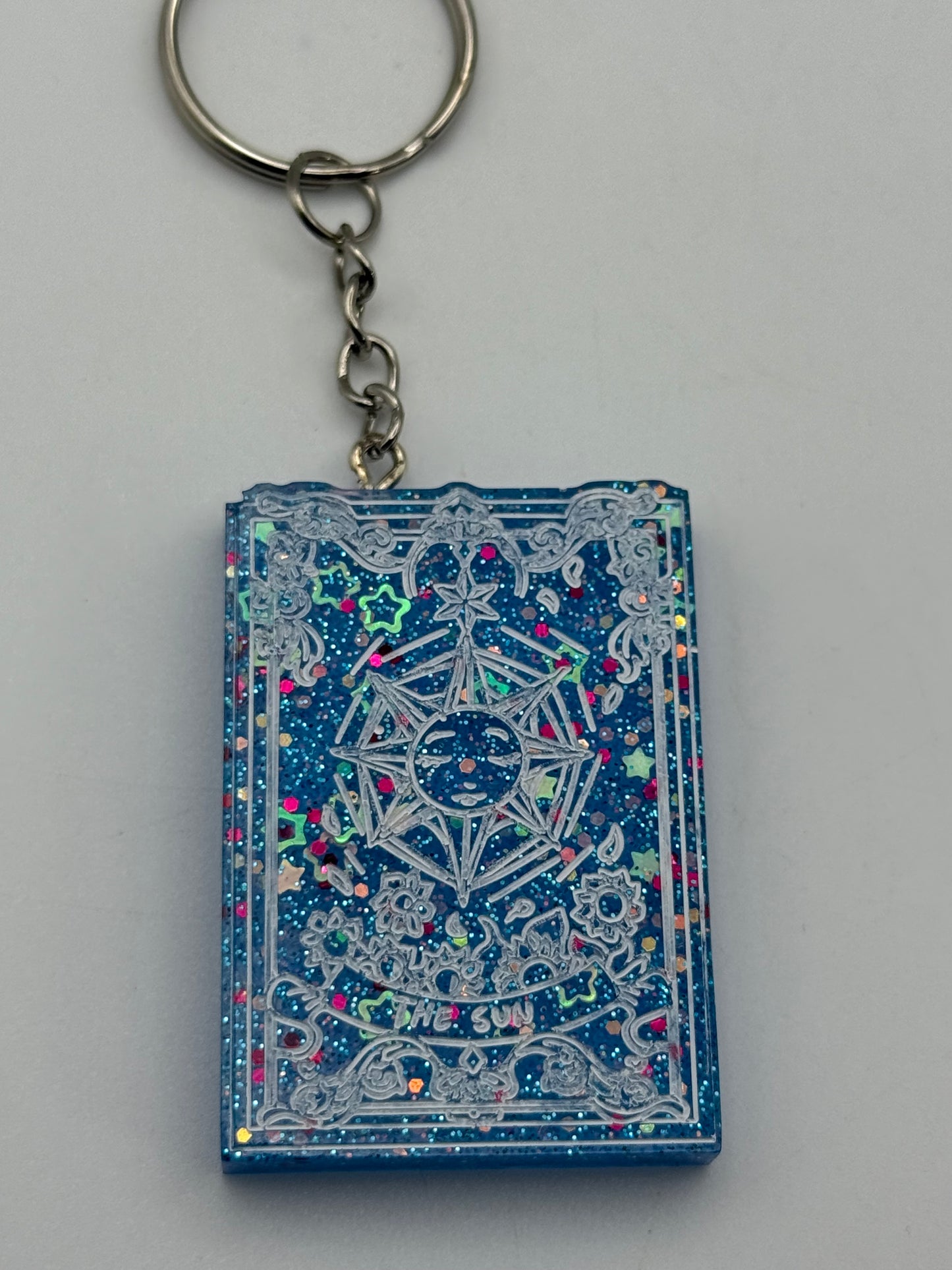Keychains - Handmade Resin - Tarot Card - Blue Sparkle - The Sun #106087