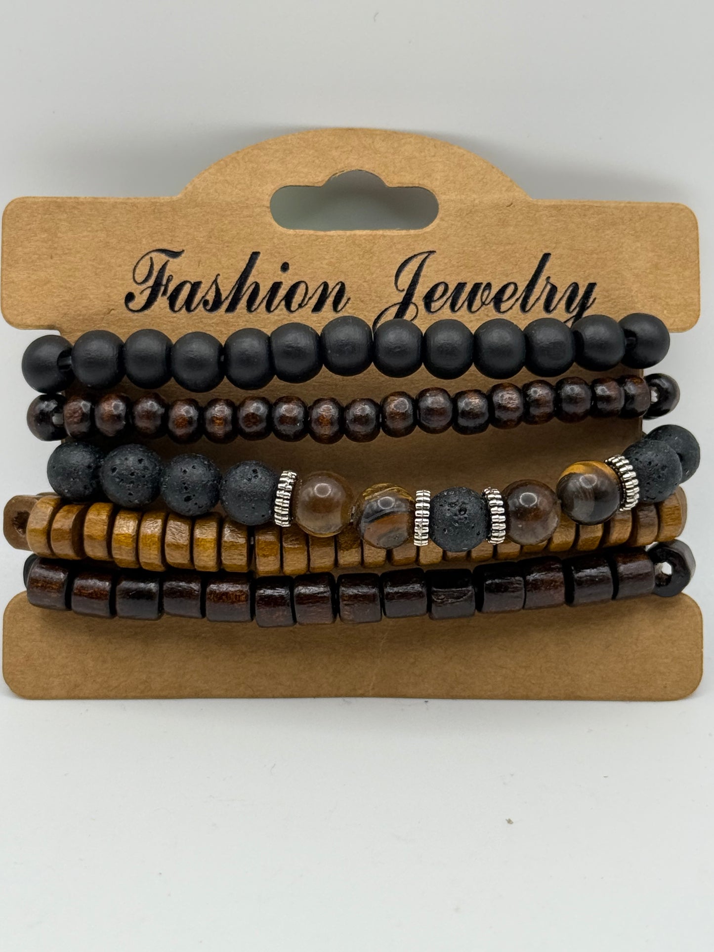 Bracelets - Wooden - Boho Wooden Beads - Assorted 5pc Carded #106124