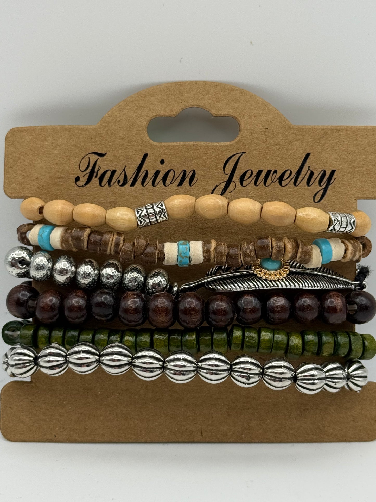Bracelets - Wooden - Boho Wooden Beads - Assorted 5pc Carded #106124