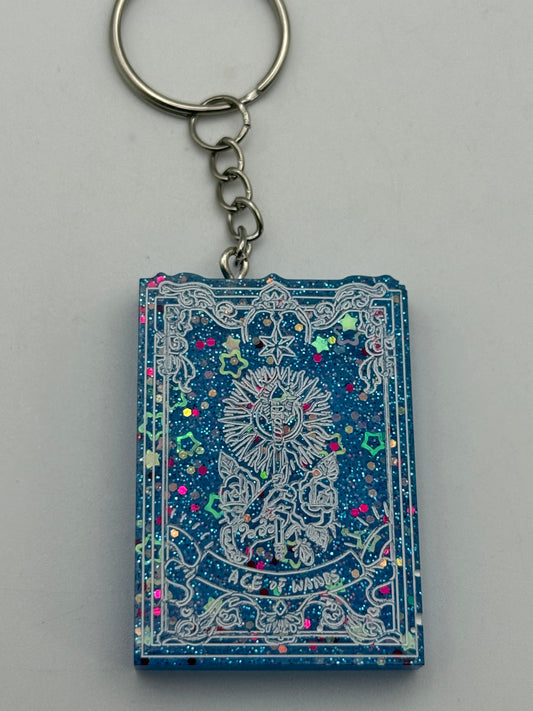 Keychains - Handmade Resin - Tarot Card - Blue Sparkle - Ace of Wands #106085