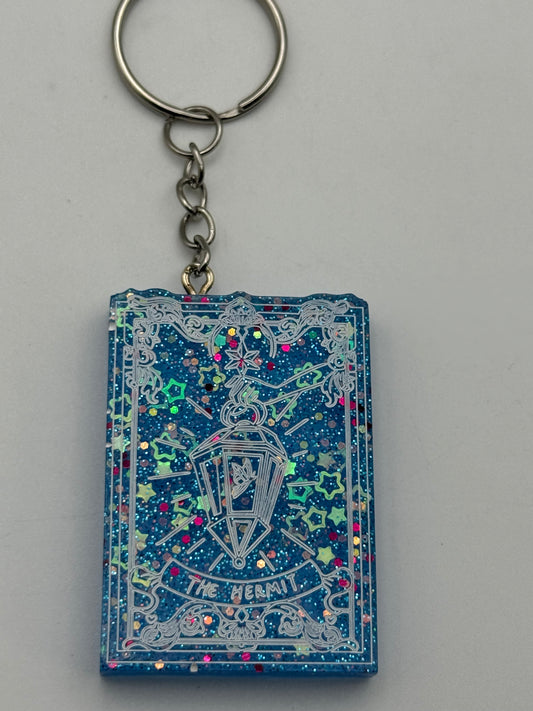 Keychains - Handmade Resin - Tarot Card - Blue Sparkle - The Hermit #106082