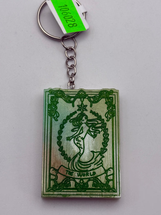 Keychains - Handmade Resin - Tarot Card - Silver/Green - The World #106028