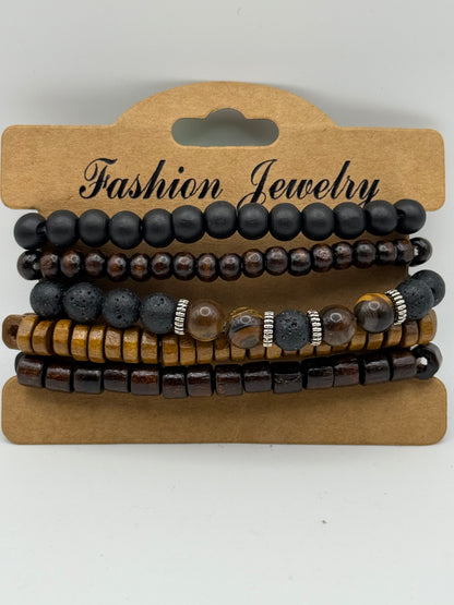 Bracelets - Wooden - Boho Wooden Beads - Assorted 5pc Carded #106124