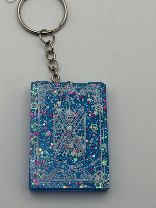 Keychains - Handmade Resin - Tarot Card - Blue Sparkle - Two of Wands #106096