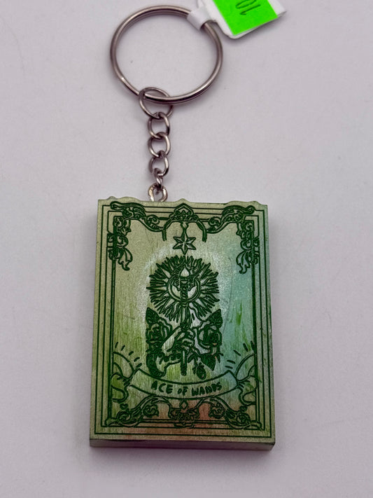 Keychains - Handmade Resin - Tarot Card - Silver/Green - Ace of Wands #106034