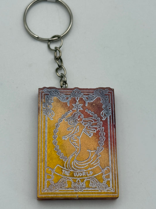 Keychains - Handmade Resin - Tarot Card - Orange/Gold - The World #106077