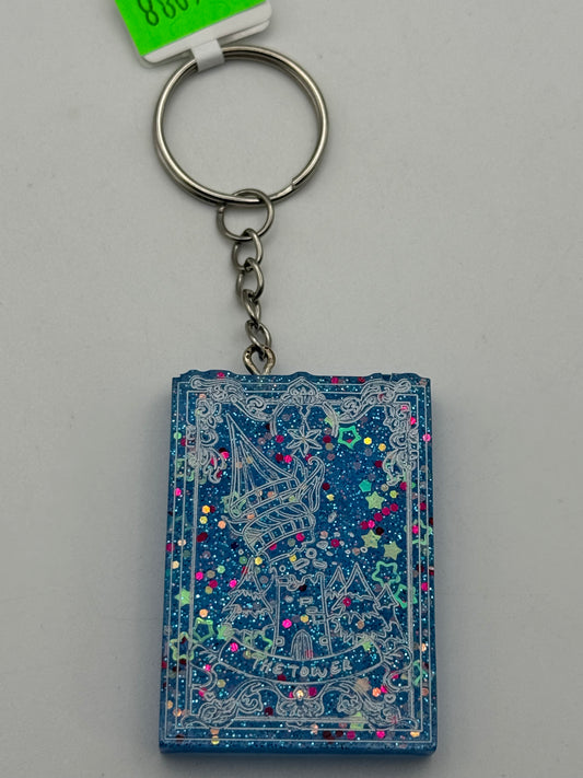 Keychains - Handmade Resin - Tarot Card - Blue Sparkle - The Tower #106088