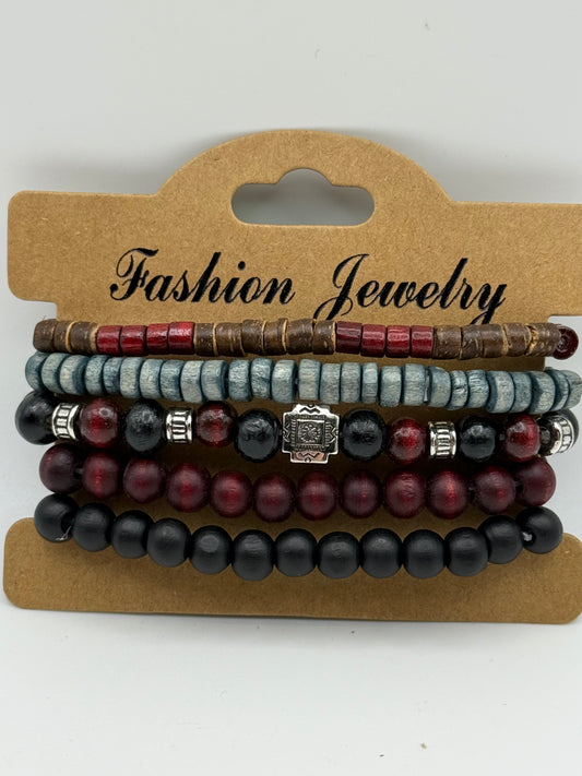 Bracelets - Wooden - Boho Wooden Beads - Assorted 5pc Carded #106124